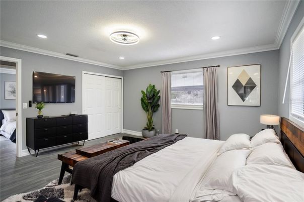 Bedroom, Interior, Recessed Lighting, Wood Texture Flooring