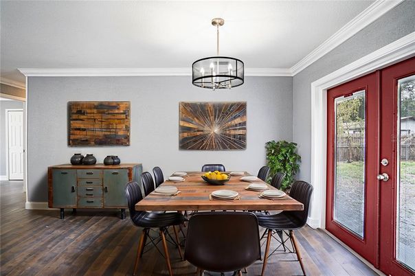 Dining room, Interior, Pendant Lights, Wood Texture Flooring