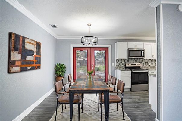 Dining room, Interior, Kitchen, Pendant Lights, Wood Texture Flooring