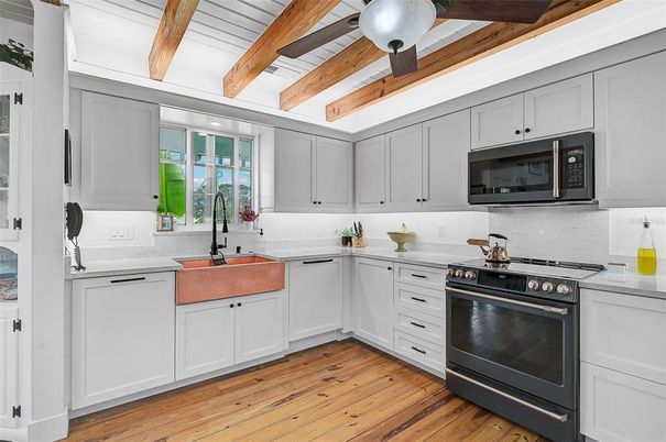 Interior, Kitchen, Stainless Steel Appliances, Wooden Beams, Wood Texture Flooring