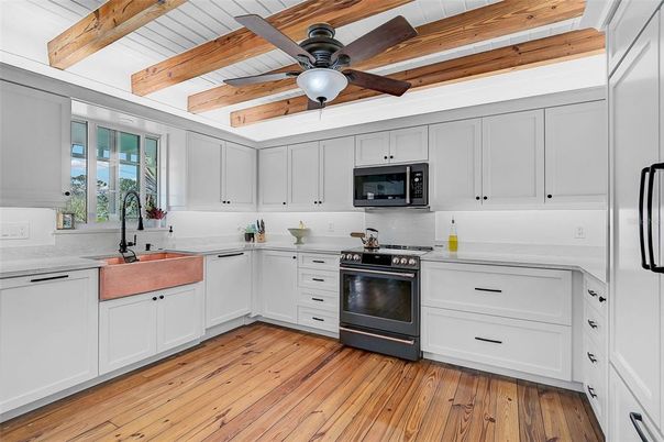 Interior, Kitchen, Stainless Steel Appliances, Wooden Beams, Wood Texture Flooring