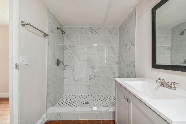 Bathroom, Interior, Marble Walls, Wood Texture Flooring