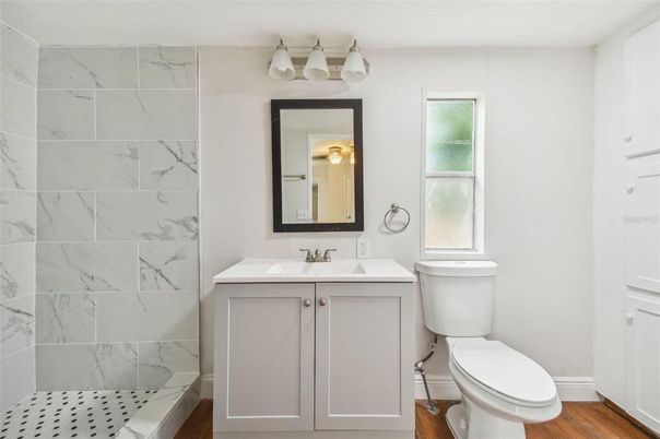 Bathroom, Interior, Marble Walls, Wood Texture Flooring