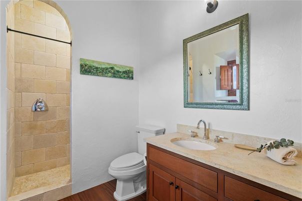 Bathroom, Interior, Stone Walls, Wood Texture Flooring