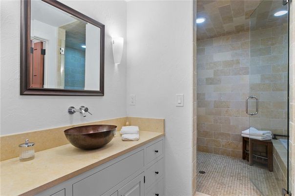 Bathroom, Dual Sink Vanities, Interior, Recessed Lighting, Stone Walls