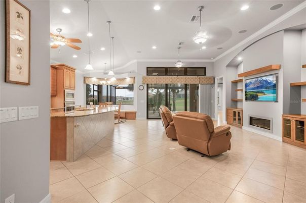 Fireplace, Interior, Kitchen, Living room, Pendant Lights, Recessed Lighting, Stainless Steel Appliances