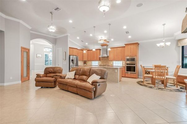 Chandelier, Dining room, Interior, Kitchen, Living room, Pendant Lights, Recessed Lighting, Stainless Steel Appliances