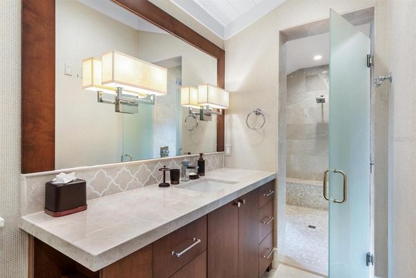 Bathroom, Dual Sink Vanities, Glass Shower, Interior, Recessed Lighting, Tile Countertops