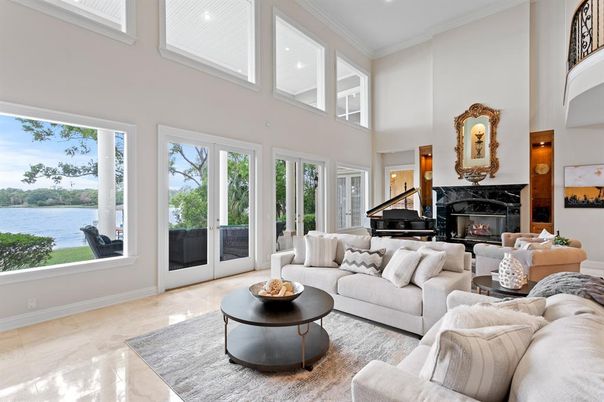 Fireplace, Interior, Living room, Piano, Recessed Lighting, Water