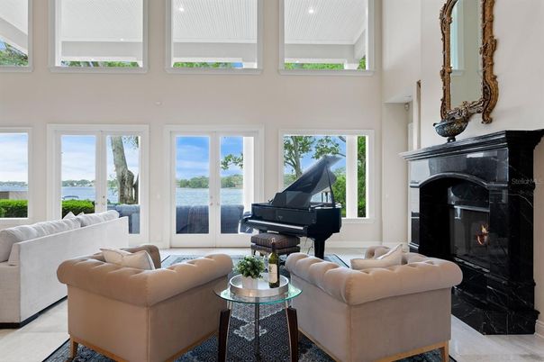 Fireplace, Interior, Living room, Piano, Recessed Lighting, Water