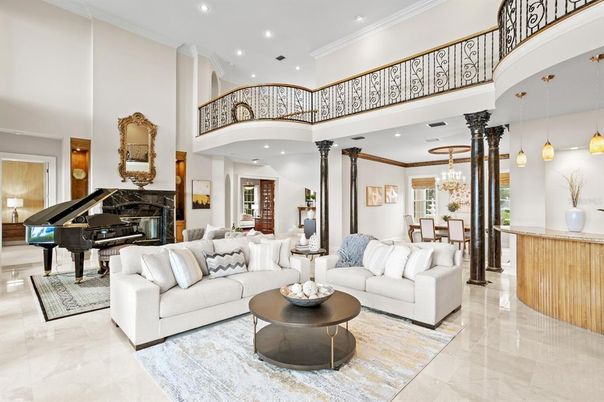 Dining room, Fireplace, Interior, Living room, Pendant Lights, Piano, Recessed Lighting