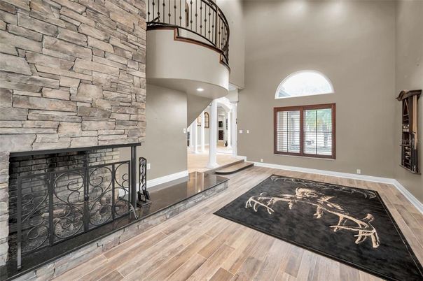 Fireplace, Interior, Recessed Lighting, Stone Walls, Wood Texture Flooring