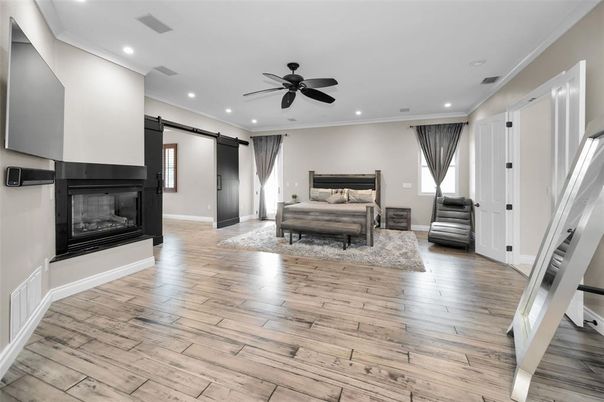 Fireplace, Interior, Recessed Lighting, Wood Texture Flooring