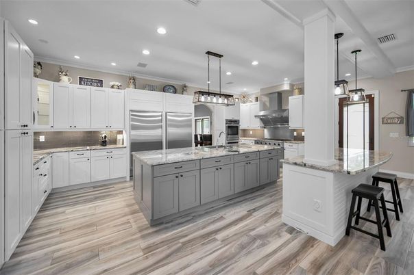 Interior, Kitchen, Pendant Lights, Recessed Lighting, Stainless Steel Appliances, Wood Texture Flooring