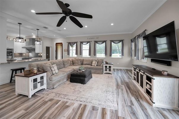 Interior, Kitchen, Living room, Pendant Lights, Recessed Lighting, Stainless Steel Appliances, Wood Texture Flooring