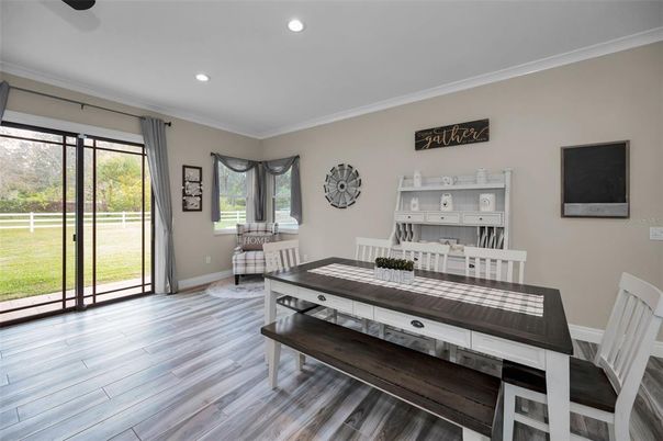 Dining room, Interior, Recessed Lighting, Wood Texture Flooring