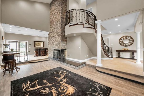 Fireplace, Interior, Recessed Lighting, Wood Texture Flooring