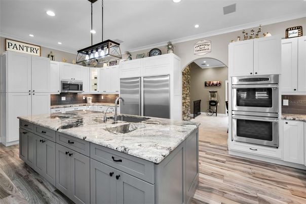 Interior, Kitchen, Pendant Lights, Recessed Lighting, Stainless Steel Appliances, Wood Texture Flooring