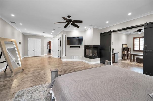 Fireplace, Interior, Recessed Lighting, Wood Texture Flooring