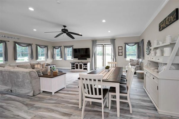Dining room, Interior, Living room, Recessed Lighting, Wood Texture Flooring