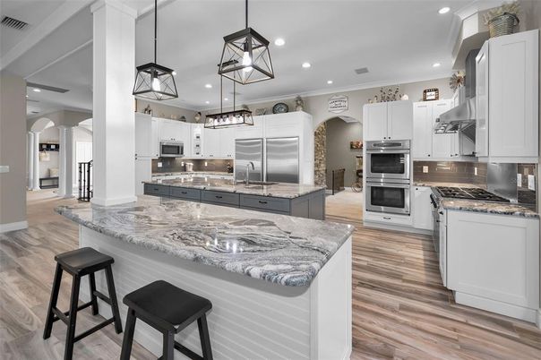 Interior, Kitchen, Pendant Lights, Recessed Lighting, Stainless Steel Appliances, Wood Texture Flooring