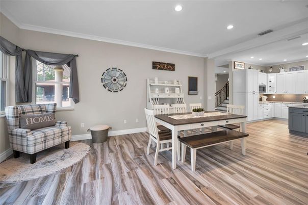 Dining room, Interior, Kitchen, Recessed Lighting, Wood Texture Flooring