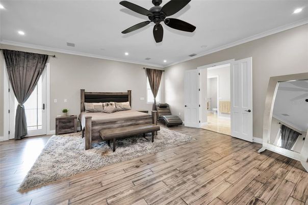 Bedroom, Interior, Recessed Lighting, Wood Texture Flooring