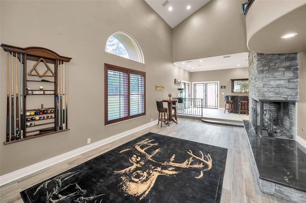 Fireplace, Interior, Recessed Lighting, Wood Texture Flooring