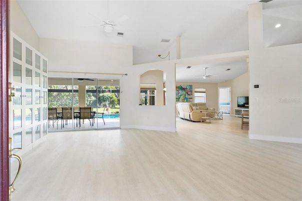 Dining room, Interior, Living room, Recessed Lighting, Wood Texture Flooring