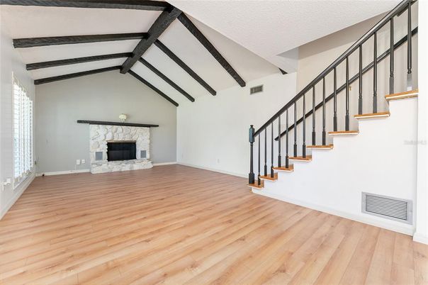 Empty room, Fireplace, Interior, Wooden Beams, Wood Texture Flooring