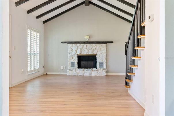 Empty room, Fireplace, Interior, Wooden Beams, Wood Texture Flooring