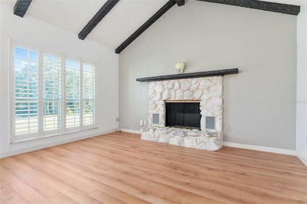 Empty room, Fireplace, Interior, Wooden Beams, Wood Texture Flooring