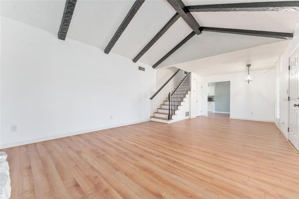 Empty room, Interior, Pendant Lights, Wooden Beams, Wood Texture Flooring