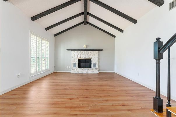 Empty room, Fireplace, Interior, Wooden Beams, Wood Texture Flooring