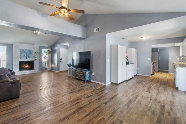 Fireplace, Interior, Kitchen, Wood Texture Flooring