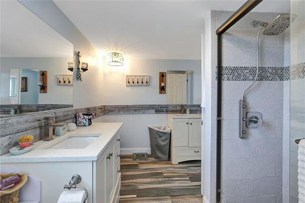 Bathroom, Glass Shower, Interior, Wood Texture Flooring