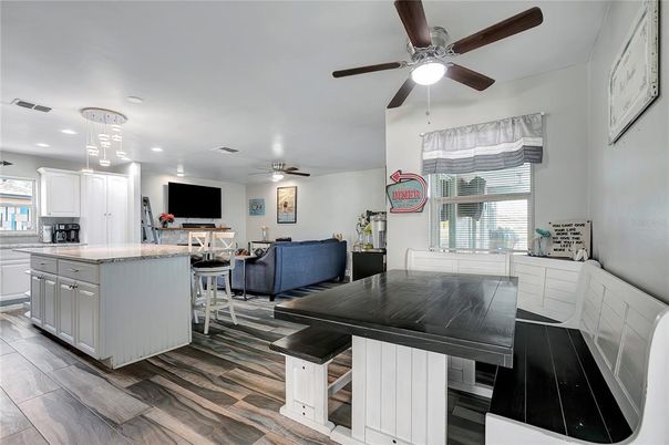 Dining room, Interior, Kitchen, Living room, Pendant Lights, Recessed Lighting, Wood Texture Flooring