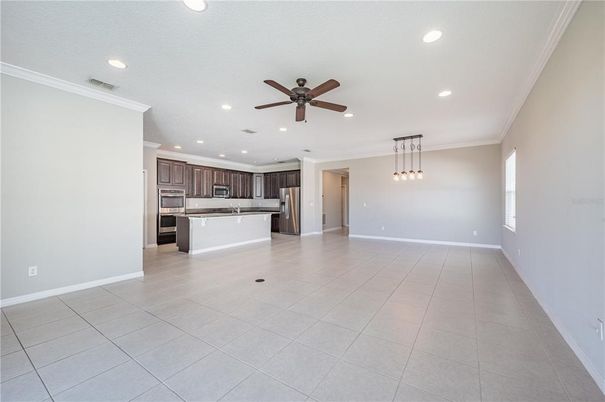 Empty room, Interior, Kitchen, Pendant Lights, Recessed Lighting, Stainless Steel Appliances