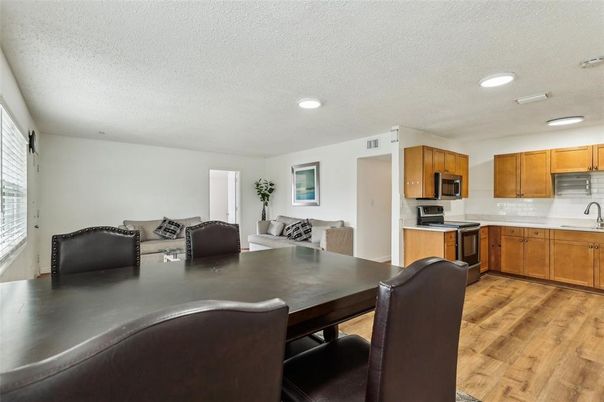 Dining room, Interior, Kitchen, Recessed Lighting, Wood Texture Flooring