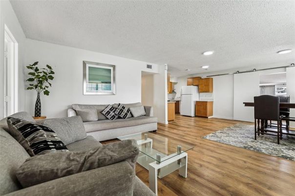 Dining room, Interior, Kitchen, Living room, Recessed Lighting, Wood Texture Flooring