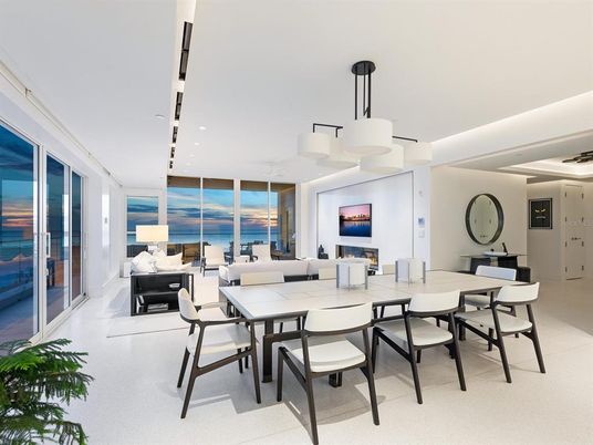Dining room, Fireplace, Interior, Living room, Recessed Lighting, Water