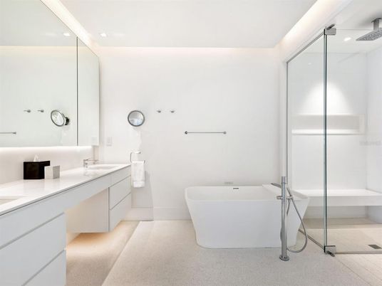 Bathroom, Free Standing Baths, Glass Shower, Interior, Recessed Lighting