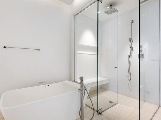 Bathroom, Free Standing Baths, Glass Shower, Interior, Recessed Lighting