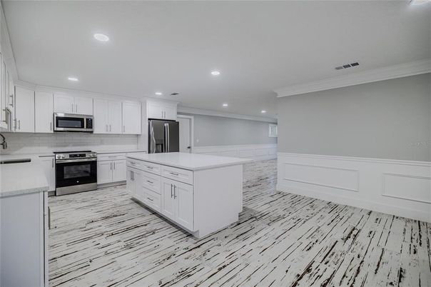 Interior, Kitchen, Recessed Lighting, Stainless Steel Appliances, Wood Texture Flooring