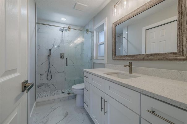 Bathroom, Glass Shower, Interior, Marble, Marble Walls, Recessed Lighting