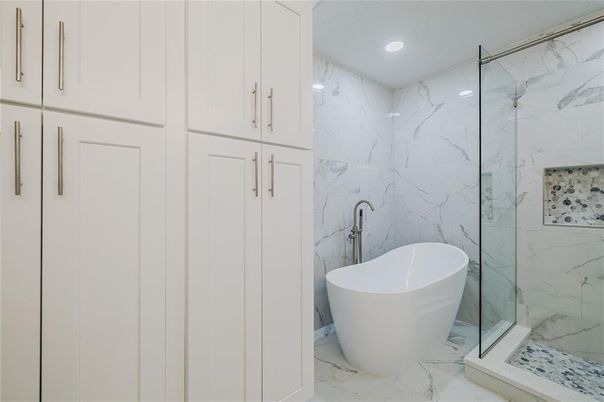 Bathroom, Free Standing Baths, Glass Shower, Interior, Marble, Marble Walls, Recessed Lighting