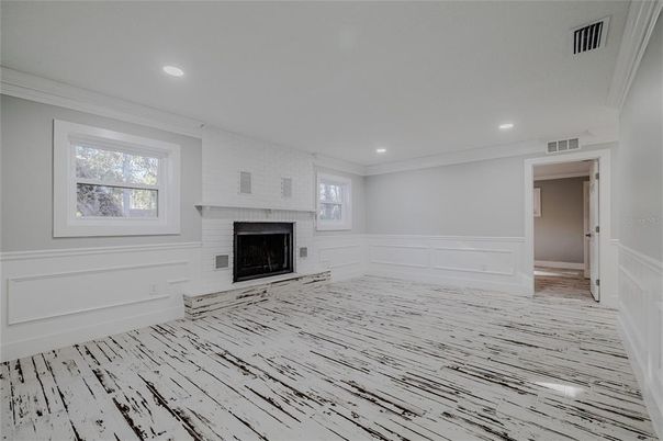 Empty room, Fireplace, Interior, Recessed Lighting, Wood Texture Flooring