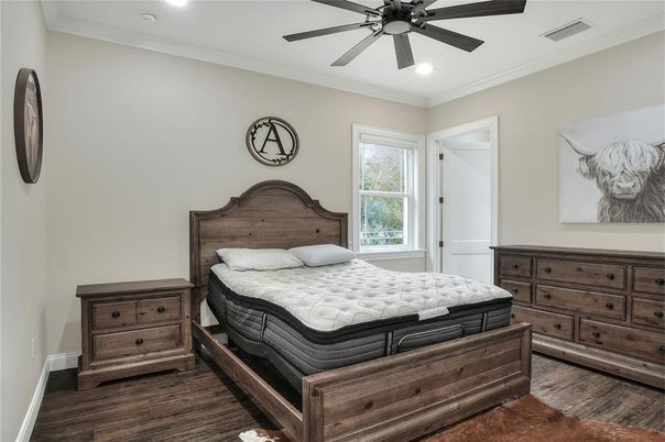 Bedroom, Interior, Recessed Lighting, Wood Texture Flooring