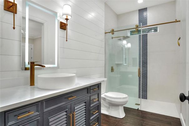 Bathroom, Glass Shower, Interior, Recessed Lighting, Wood Texture Flooring
