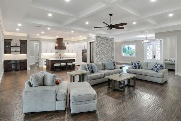 Interior, Kitchen, Living room, Pendant Lights, Recessed Lighting, Stainless Steel Appliances, Wood Texture Flooring